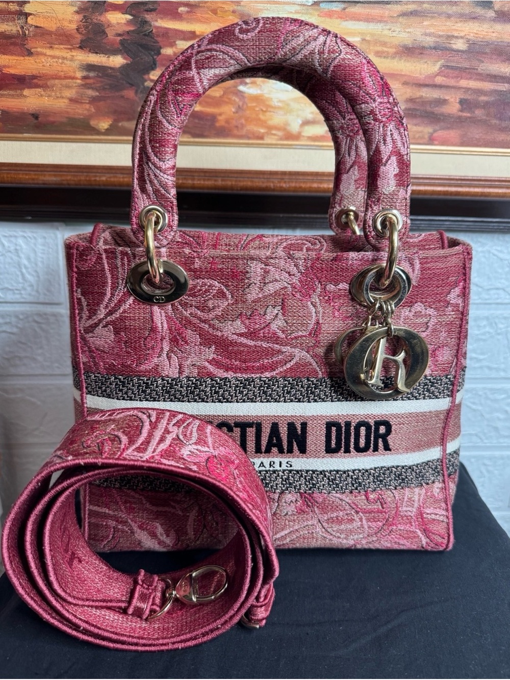 Lady Dior Rose Jacquard Small Lady Dior Tote with Strap